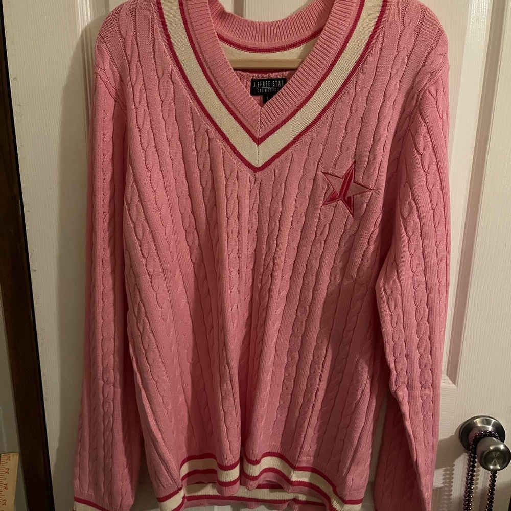 Jeffree Star Pink V-Neck Cable Knit Sweater